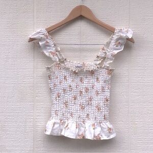 Reformation June bug Floral Smocked ruffle sleeves off white cropped Tank Top